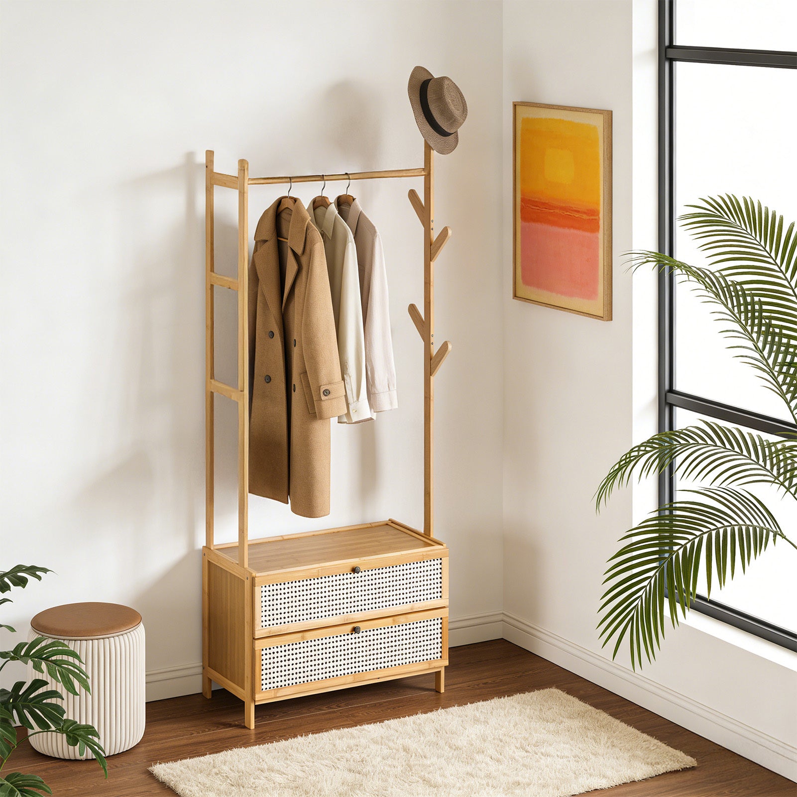 Suporte de Sapatos Oculto de Bambu para Poupar Espaço com Cabide - Armário de Sapatos com Design Ventilado, Cabide, Armário Aberto, Suporte de Roupa e Casacos Multiusos com Ganchos, Barra de Roupa de Madeira com Prateleiras para Hall de Entrada e Sala de Estar (Madeira Natural, 50x30x161cm)