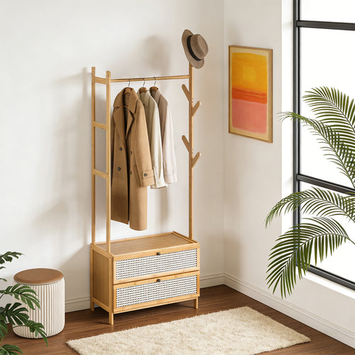 Suporte de Sapatos Oculto de Bambu para Poupar Espaço com Cabide - Armário de Sapatos com Design Ventilado, Cabide, Armário Aberto, Suporte de Roupa e Casacos Multiusos com Ganchos, Barra de Roupa de Madeira com Prateleiras para Hall de Entrada e Sala de Estar (Madeira Natural, 50x30x161cm)