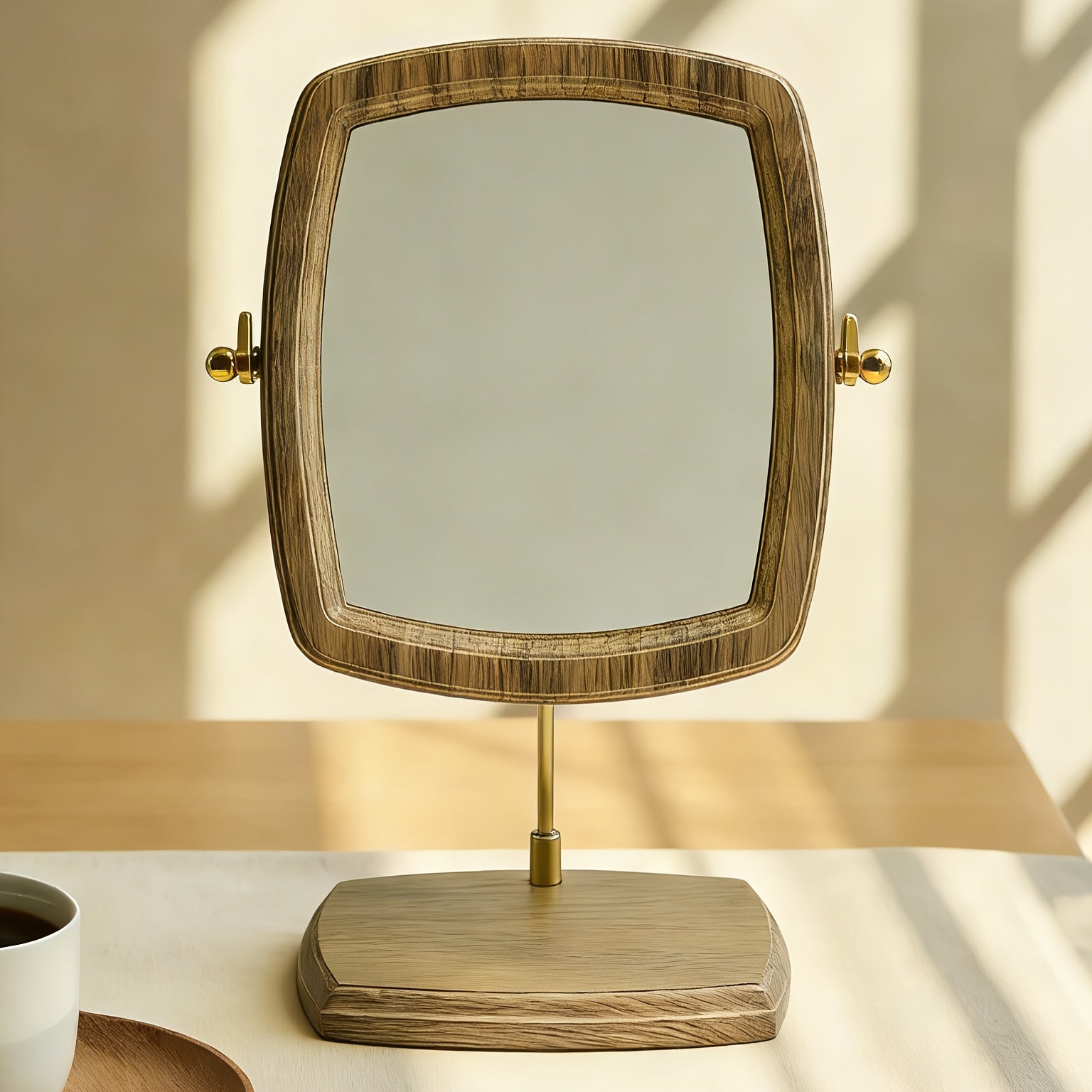 Espelho de Mesa Portátil em Nogueira para Casa e Viagem - Moldura de Madeira com Acabamento Polido, Estilo Vintage/Coreano, Espelho de Toucador Compacto para Cômoda ou Escrivaninha, Luxo Leve