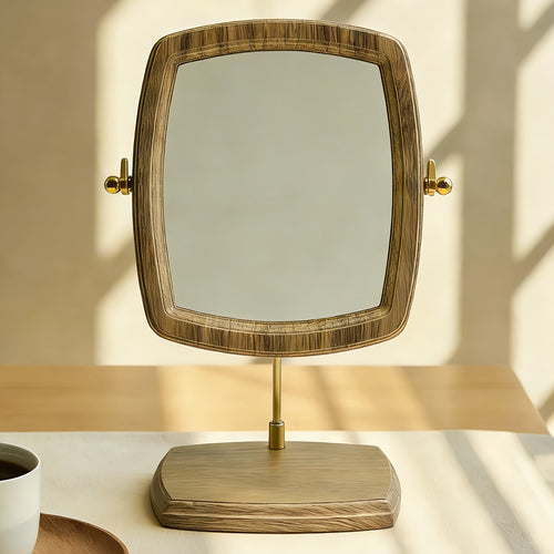 Espelho de Mesa Portátil em Nogueira para Casa e Viagem - Moldura de Madeira com Acabamento Polido, Estilo Vintage/Coreano, Espelho de Toucador Compacto para Cômoda ou Escrivaninha, Luxo Leve
