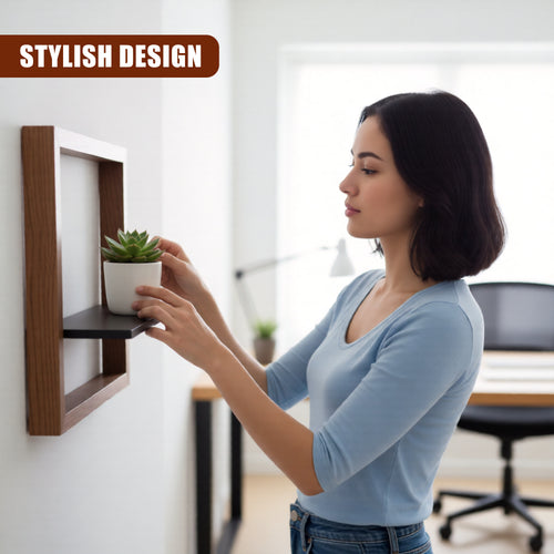 GEEZY Prateleira de Parede Flutuante Quadrada em Madeira 30cm - Caixa 3D Castanha e Preta para Fotos, Plantas e Decoração - Cubo de Exibição Moderno Montado na Parede para Escritório em Casa e Sala de Estar