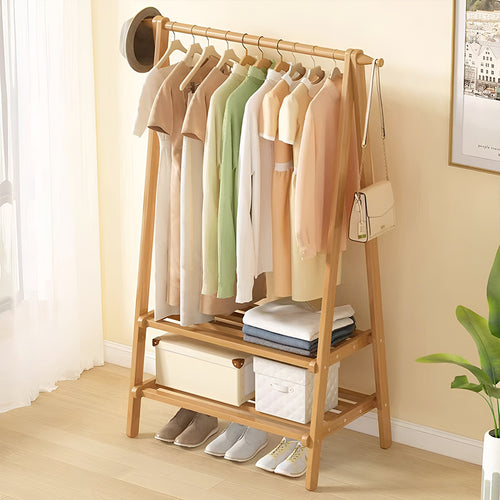 Barra de Roupa de Madeira, Cabide de Bambu com Prateleiras para Sapatos, 86x40x160cm Cabide para Casacos e Vestuário, Armários Abertos Simples com Barra Única para Quarto, Barra de Roupa Independente, Organizador de Armazenamento de Roupa