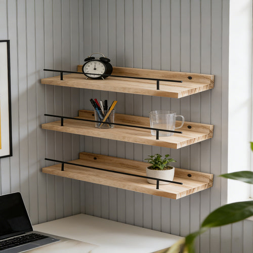 Conjunto de 3 Prateleiras Flutuantes de Madeira com Borda de Proteção, Repedreiro para Quadros, Prateleira Suspensa, Fácil de Instalar, Economiza Espaço, Multifuncional, Suporte de Armazenamento Decorativo para Estatuetas, Artesanato, Plantas, Expositor, Decoração para Quarto, Banheiro, Cozinha, Sala de Estar, Escritório em Casa, 40*15*4cm