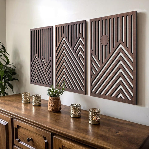 Conjunto de 3 Esculturas de Parede Grandes de Madeira, Modernas, Minimalistas e Retrô - Ripas Horizontais Grossas Adequadas para Decoração de Sala de Estar, Quarto, Escritório - Arte em Painel de Madeira para Aconchego, Fácil Instalação, Destaque Contemporâneo para Casa