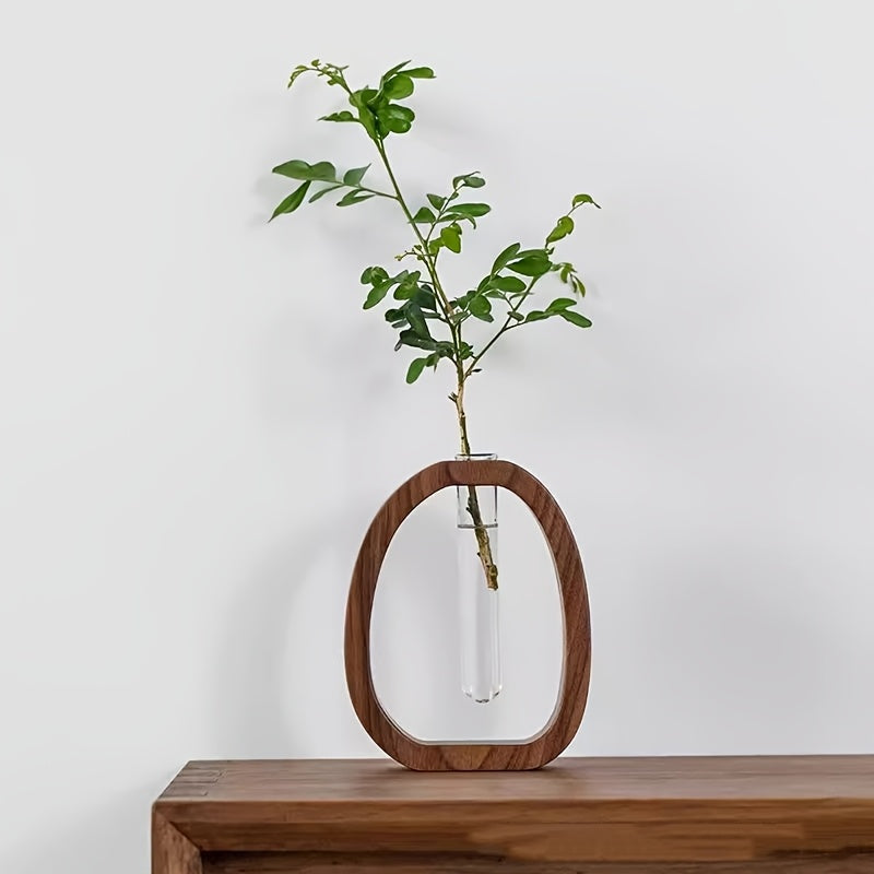 1 Peça Vaso de Flores Aquáticas em Madeira de Nogueira com Vidro Transparente - Vaso Cilíndrico para Flores Frescas, Plantas Aquáticas - Centro de Mesa para Casa ou Escritório, Vaso de Vidro Rústico Moderno para Flores Cultivadas na Água