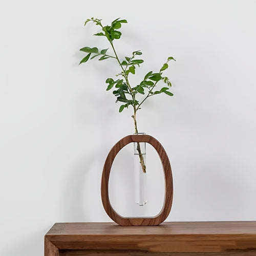 1 Peça Vaso de Flores Aquáticas em Madeira de Nogueira com Vidro Transparente - Vaso Cilíndrico para Flores Frescas, Plantas Aquáticas - Centro de Mesa para Casa ou Escritório, Vaso de Vidro Rústico Moderno para Flores Cultivadas na Água
