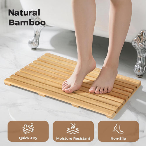 Tapete de Banho Retangular Levede em Bambu com Ripas, Tapete de Chuveiro Antiderrapante em Bambu Natural, Drenagem Rápida e Fácil de Limpar, Sem Montagem para Banheiro, Entrada e Uso Interno, 53x37x3 cm