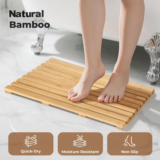 Tapete de Banho Retangular Levede em Bambu com Ripas, Tapete de Chuveiro Antiderrapante em Bambu Natural, Drenagem Rápida e Fácil de Limpar, Sem Montagem para Banheiro, Entrada e Uso Interno, 53x37x3 cm