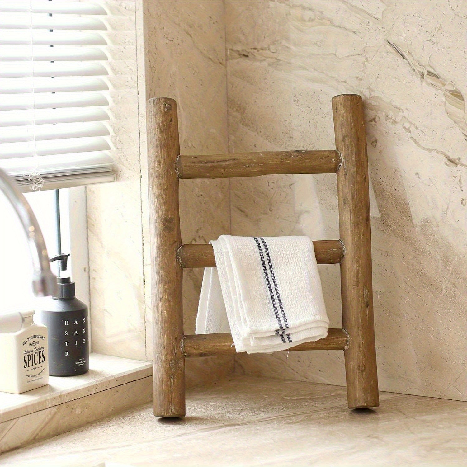1peça Prateleira Mini Escada Rústica de Madeira Totalmente Montada, Escada Multifuncional Sem Furos para Pano de Chá, Suporte de Pano para Bancada de Cozinha na Casa de Banho, Suporte para Toalha de Mão, Decoração Robusta Estilo Casa de Campo Perfeita para Acessórios de Casa de Banho, Cozinha e Quarto