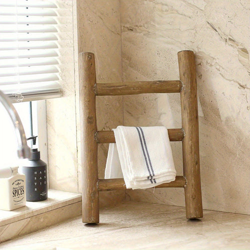 1peça Prateleira Mini Escada Rústica de Madeira Totalmente Montada, Escada Multifuncional Sem Furos para Pano de Chá, Suporte de Pano para Bancada de Cozinha na Casa de Banho, Suporte para Toalha de Mão, Decoração Robusta Estilo Casa de Campo Perfeita para Acessórios de Casa de Banho, Cozinha e Quarto