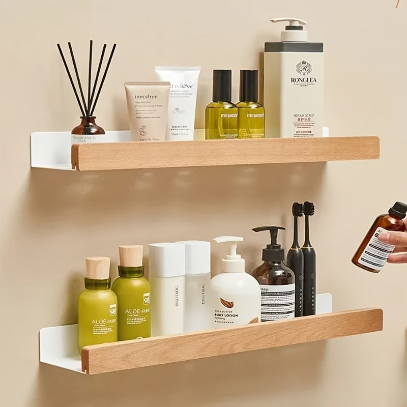 Organizador de Prateleira para Casa de Banho Sem Furos – Sem Necessidade de Furar, Construção Robusta em Madeira Natural, Design que Poupa Espaço, Adequado para Casa de Banho, Cozinha ou Escritório, Ideal para Apartamentos Pequenos e Inquilinos, Estilo Minimalista, Acessório de Casa de Banho