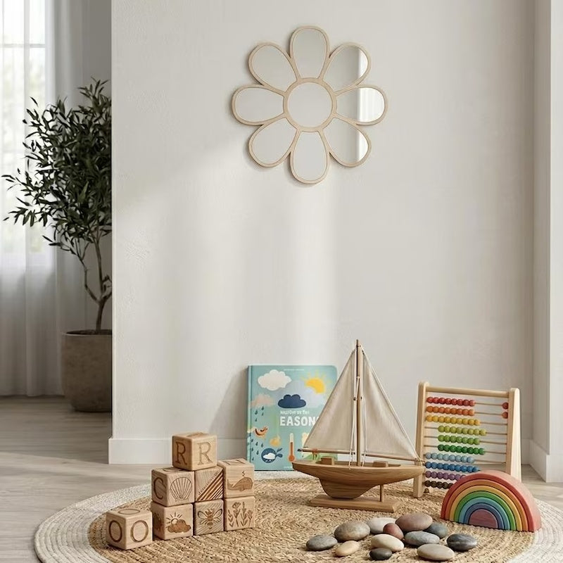 Espelho de Madeira Margarida Estilo Nórdico Ins para Decoração de Casa, Espelho de Fundo para Quarto de Meninos e Meninas, Espelho de Fundo Boêmio para Hotel, Espelho de Decoração de Festival