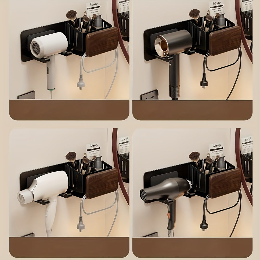 Suporte para Secador de Cabelo em Madeira de Nogueira, Suporte de Parede para Secador de Cabelo para Banheiro sem Furos, Rack de Armazenamento Universal para Secador de Cabelo com Tubo de Armazenamento