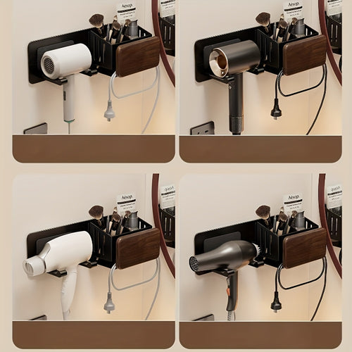 Suporte para Secador de Cabelo em Madeira de Nogueira, Suporte de Parede para Secador de Cabelo para Banheiro sem Furos, Rack de Armazenamento Universal para Secador de Cabelo com Tubo de Armazenamento