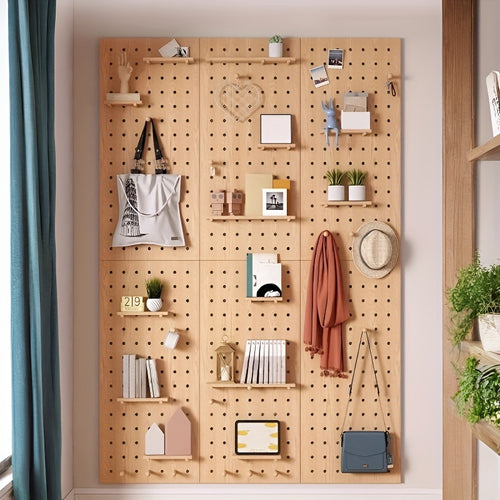 Kit de Organização de Parede com Painel de Ganchos em Madeira Engenhada Multifuncional | Painel de Armazenamento Versátil Montado na Parede com Ganchos e Acessórios, Solução Criativa de Poupança de Espaço para Casa, Escritório e Organização de Cozinha, Acabamento em Madeira Polida, Prateleiras Utilitárias