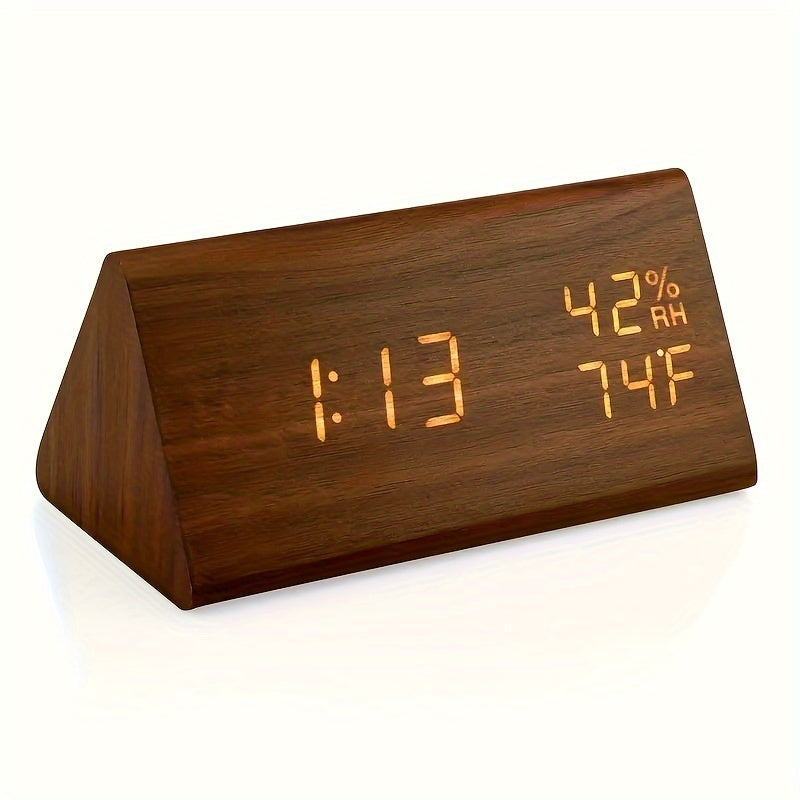 Despertador Digital Triangular de LED, Despertador Multifuncional de Madeira que Exibe Hora, Temperatura e Umidade. Possui Controle por Voz e Brilho Ajustável. Despertador de Mesa, Adequado para Decoração de Escritório, Sala de Aula, Quarto e Sala de Estar. Ideal como Presente para Estudante ou