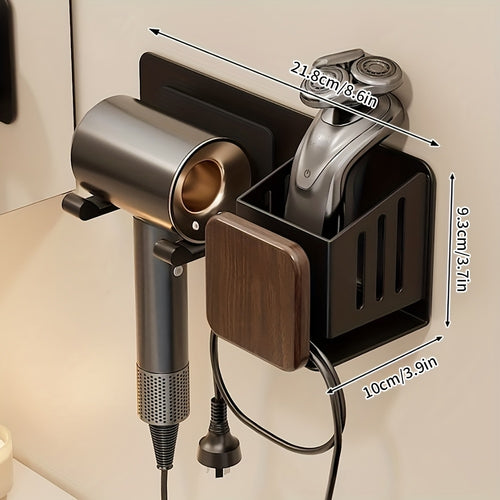 Suporte para Secador de Cabelo em Madeira de Nogueira, Suporte de Parede para Secador de Cabelo para Banheiro sem Furos, Rack de Armazenamento Universal para Secador de Cabelo com Tubo de Armazenamento