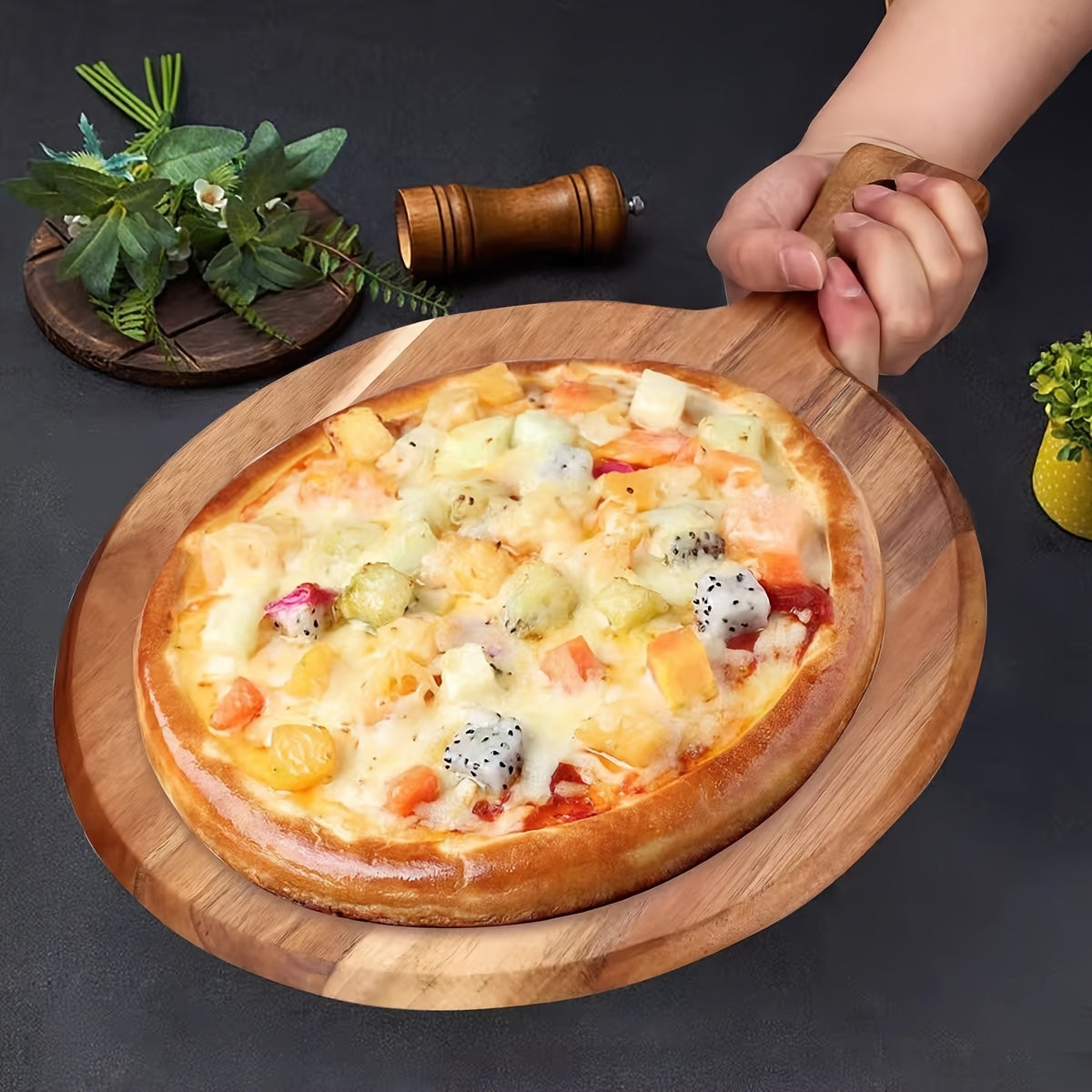 Tábua de Pizza em Madeira de Acácia, Tábua de Corte em Madeira Maciça com Alça, Tábua de Picar, Base para Pizza, Pão, Bife, Tábua Redonda para Assar Bolo, Tábua Plana