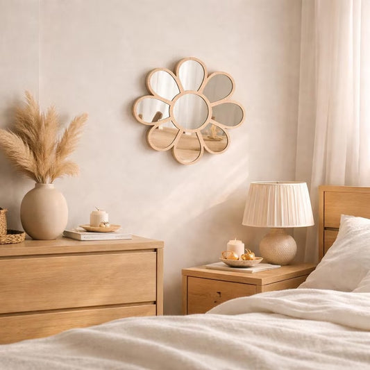Espelho de Madeira Margarida Estilo Nórdico Ins para Decoração de Casa, Espelho de Fundo para Quarto de Meninos e Meninas, Espelho de Fundo Boêmio para Hotel, Espelho de Decoração de Festival