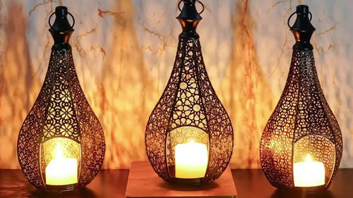 2 Peças de Suportes para Velas Lanterna Marroquina - Elegantes Castiçais de Ferro Forjado com Padrões Intrincados de Treliça, Compatíveis para Decoração de Natal, Diwali, Ramadã, Eid - Lanterna Marroquina Durável para Casa e Jardim (Velas Não Incluídas)