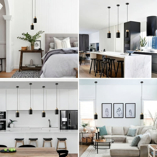 Luminária de Pêndulo Estilo Casa de Campo Moderna, Luminária Preta Fosca, Luminária de Pêndulo Cilíndrica de Metal e Madeira com Veios Vintage, Altura Ajustável, Base E27, Luminária Suspensa Elegante Adequada para Cozinha, Mesa de Jantar, Quarto, Lâmpada Não Inclusa