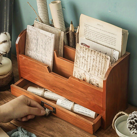 Organizador de Gavetas de Secretária em Madeira Vintage para Material de Escritório, Armazenamento de Arquivos e Uso Doméstico, Adequado para Livros, Jornais e Papelaria. Serve como uma Decoração de Quarto Atraente, Melhorando a Decoração da Casa, Adições de Cozinha, Decoração de Casa de Banho