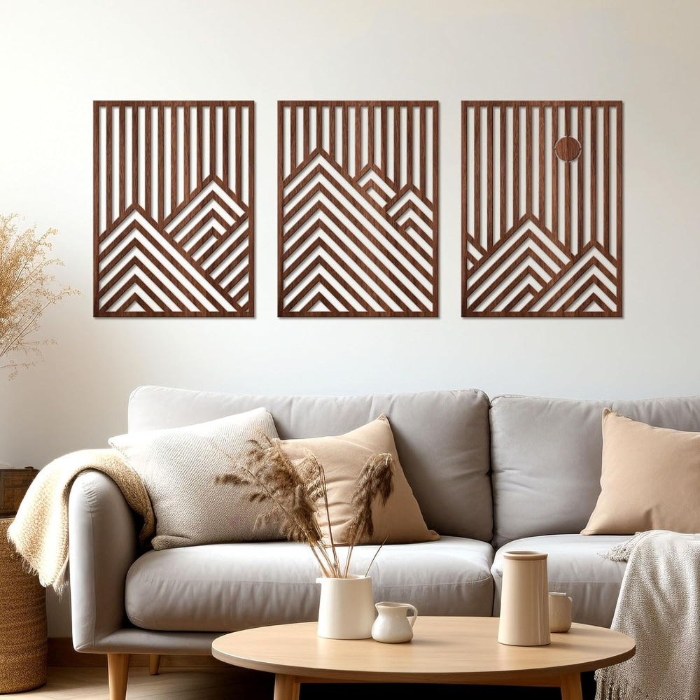 Conjunto de 3 Esculturas de Parede Grandes de Madeira, Modernas, Minimalistas e Retrô - Ripas Horizontais Grossas Adequadas para Decoração de Sala de Estar, Quarto, Escritório - Arte em Painel de Madeira para Aconchego, Fácil Instalação, Destaque Contemporâneo para Casa