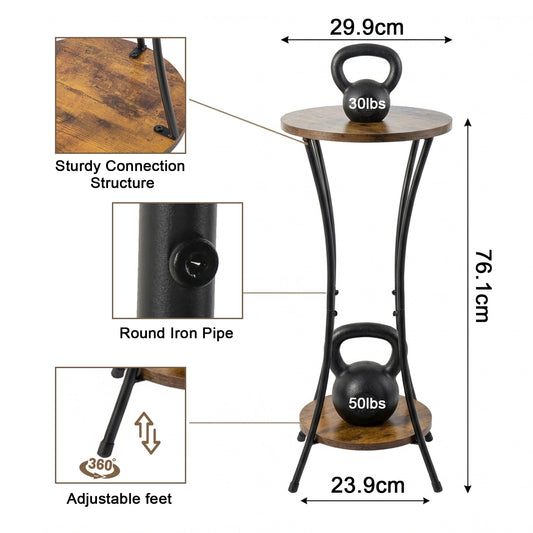 Suporte de Planta de Madeira Redondo Alto de 2 Níveis para Interior, 1 Peça, Altura de 76CM, Mesa Lateral com Estrutura de Metal Dourado, Prateleira Redonda Moderna para Vasos de Flores para Sala de Estar, Pátio, Varanda, Jardim, Marrom Rústico