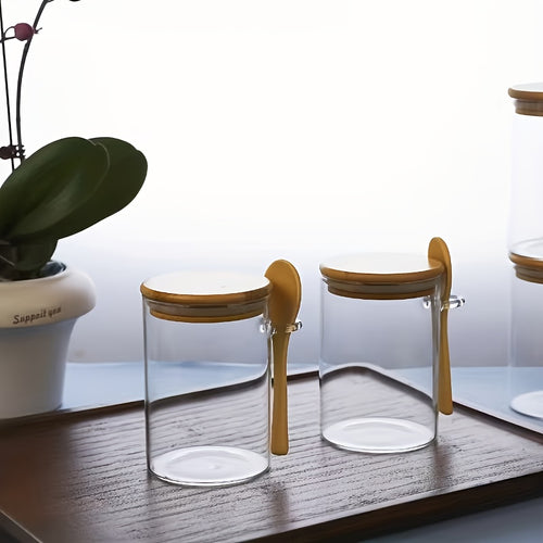 Conjunto de Armazenamento de 12 Peças, Inclui 4 Potes de Armazenamento + 4 Tampas de Pote + 4 Colheres, com Tampas de Madeira de Bambu e Colheres de Madeira de Bambu – Potes com Vedação Articulada, Adequados para Grãos de Café, Grãos, Produtos Secos, uma Escolha Ideal para Organização de Despensa e