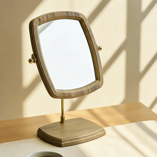 Espelho de Mesa Portátil em Nogueira para Casa e Viagem - Moldura de Madeira com Acabamento Polido, Estilo Vintage/Coreano, Espelho de Toucador Compacto para Cômoda ou Escrivaninha, Luxo Leve