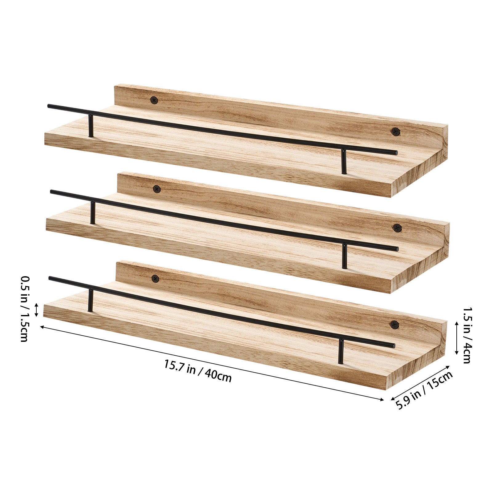 Conjunto de 3 Prateleiras Flutuantes de Madeira com Borda de Proteção, Repedreiro para Quadros, Prateleira Suspensa, Fácil de Instalar, Economiza Espaço, Multifuncional, Suporte de Armazenamento Decorativo para Estatuetas, Artesanato, Plantas, Expositor, Decoração para Quarto, Banheiro, Cozinha, Sala de Estar, Escritório em Casa, 40*15*4cm