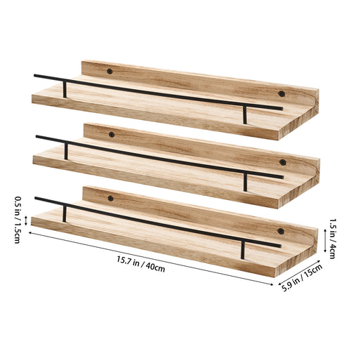 Conjunto de 3 Prateleiras Flutuantes de Madeira com Borda de Proteção, Repedreiro para Quadros, Prateleira Suspensa, Fácil de Instalar, Economiza Espaço, Multifuncional, Suporte de Armazenamento Decorativo para Estatuetas, Artesanato, Plantas, Expositor, Decoração para Quarto, Banheiro, Cozinha, Sala de Estar, Escritório em Casa, 40*15*4cm