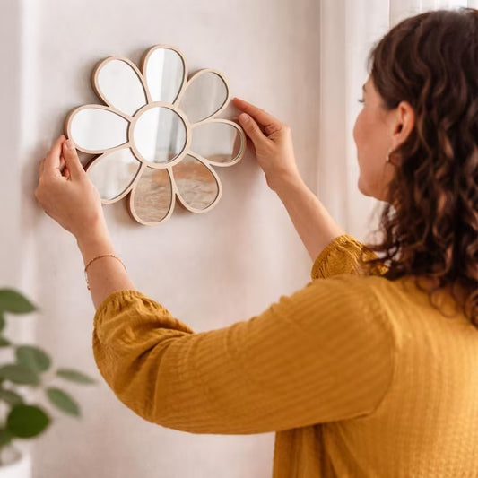 Espelho de Madeira Margarida Estilo Nórdico Ins para Decoração de Casa, Espelho de Fundo para Quarto de Meninos e Meninas, Espelho de Fundo Boêmio para Hotel, Espelho de Decoração de Festival
