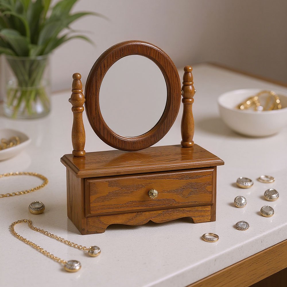 Espelho de Toucador de Madeira com Gavetas, Espelho de Maquiagem Vintage para Quarto, Caixa de Joias Multifuncional com Armazenamento, Caixa de Joias Ajustável para Mesa ou Piso, Ideal para Toucador de Quarto e Decoração de Casa