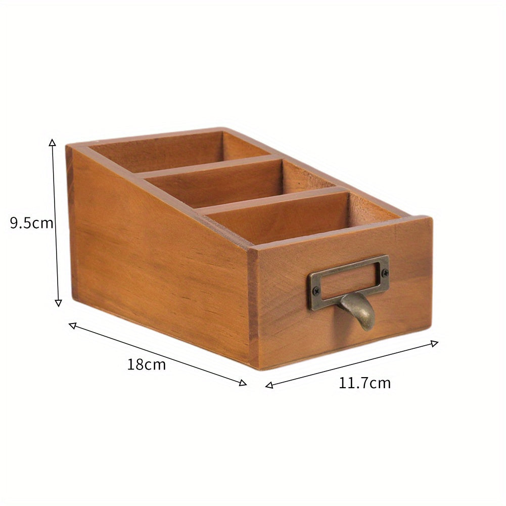 Suporte de Controle Remoto de Madeira Vintage - Organizador de Mesa com 3 Compartimentos para Papelaria e Cosméticos, Caixa de Armazenamento Multiuso para Casa e Escritório
