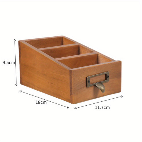 Suporte de Controle Remoto de Madeira Vintage - Organizador de Mesa com 3 Compartimentos para Papelaria e Cosméticos, Caixa de Armazenamento Multiuso para Casa e Escritório
