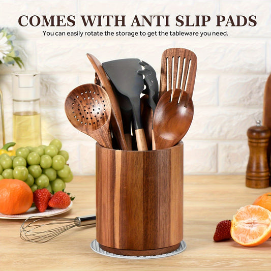Suporte Grande de Madeira para Utensílios de Cozinha de 19.3cm - Caixa de Armazenamento Giratória 360° para Bancada para Colheres, Batedeiras, Espátulas, Etc. - Presente Ideal para o Natal, Decoração de Casa de Campo, Essenciais de Cozinha | Prateleira Decorativa de Estilo Rústico | Suporte de