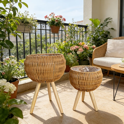 Conjunto de Vaso de Rattan Boho com Tripé de Madeira, 2 unidades/1 unidade, Cesto de Vime Entrançado à Mão com Forro Impermeável, 2 Tamanhos, Respirável, Ideal para Plantas de Interior, Sala de Estar, Varanda, Apartamento, Perfeito para Alugadores, Presente de Jardinagem, Decoração de Casa
