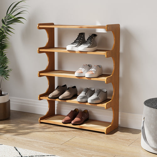 Expositor de Sapatos de 3/4/5 Níveis, Prateleira Organizadora de Armazenamento de Sapatos de Madeira Multiuso, Unidade de Múltiplas Prateleiras, Armário de Calçados Autônomo, Torre de Sapatos Vertical Fina de Grande Capacidade em Bambu, Suporte para Tênis, Organizador de Sapatos para Sala de Estar, Porta de Entrada