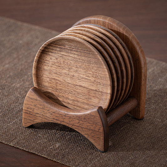 Conjunto de Bases para Copos em Madeira de Nogueira Preta, Incluindo Seis Bases e um Porta-Copos, Apresentando uma Bule, Porta-Copos e um Tapete Termo-Isolante, Projetado Como um Conjunto Completo de Acessórios para Cerimónia do Chá