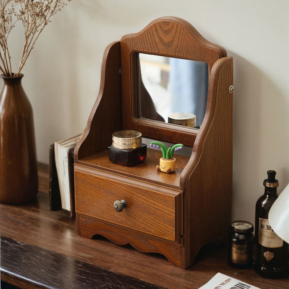 Espelho de Toucador de Madeira com Gavetas, Espelho de Maquiagem Vintage para Quarto, Caixa de Joias Multifuncional com Armazenamento, Caixa de Joias Ajustável para Mesa ou Piso, Ideal para Toucador de Quarto e Decoração de Casa