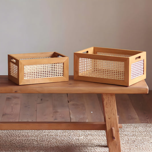 Cesto de Armazenamento de Madeira Vintage Multiuso para Mesa - Organizador de Prateleira para Mesa, Cesto Decorativo de Rattan Artesanal com Estrutura de Madeira para Material de Escritório, Cosméticos e Armazenamento de Quarto e Banheiro (Grande/Pequeno)