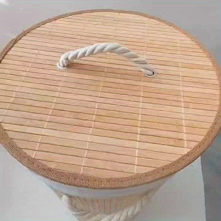 1pç Cesto de Roupa Suja Dobrável de Bambu, Cesto de Armazenamento Redondo Grande com Tampa e Alça, Cesto de Roupas Multifuncional, Lixeira de Banheiro para Armazenamento de Roupas, Roupas de Cama e Artigos Diversos, Cestos de Lavanderia