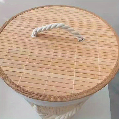 1pç Cesto de Roupa Suja Dobrável de Bambu, Cesto de Armazenamento Redondo Grande com Tampa e Alça, Cesto de Roupas Multifuncional, Lixeira de Banheiro para Armazenamento de Roupas, Roupas de Cama e Artigos Diversos, Cestos de Lavanderia