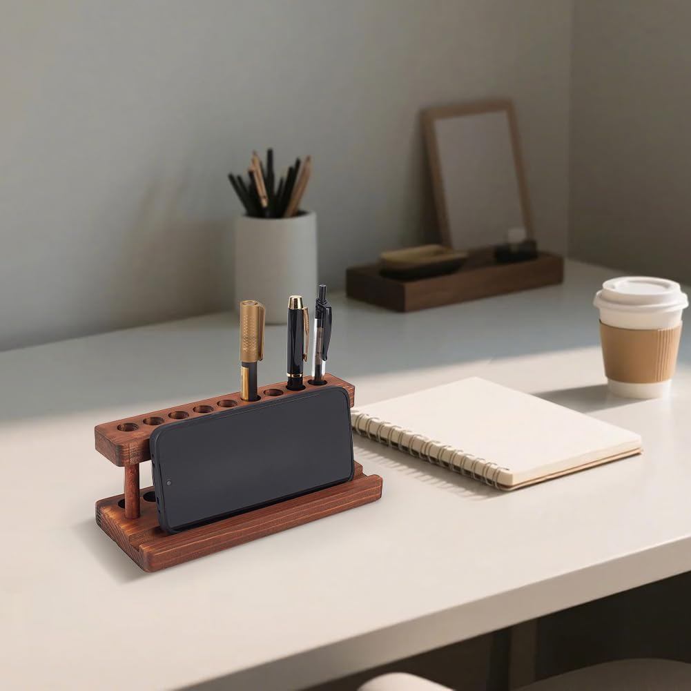 Conjunto de 2 Suportes de Canetas de Madeira para Secretária, Suporte de Exibição de Lápis em Madeira de Pinho com 9 Compartimentos e Suporte para Telemóvel, Organizador de Canetas Minimalista para Decoração de Secretária de Escritório