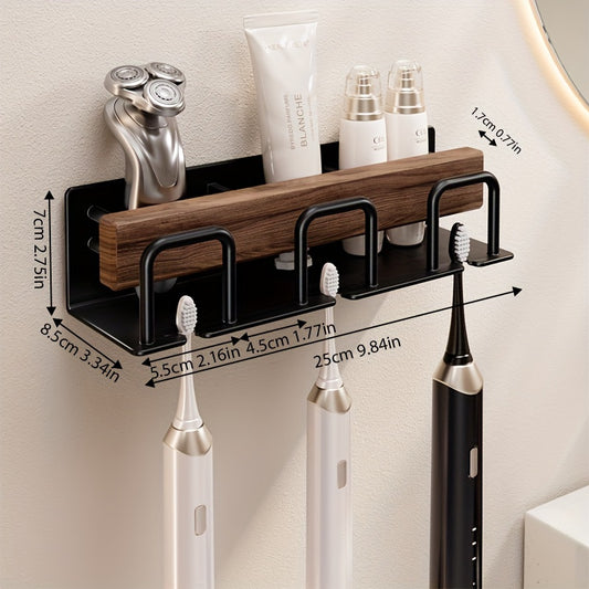 1 Suporte de Escova de Dentes em Madeira de Nogueira para Montar na Parede, Sem Necessidade de Furar, para Uso Familiar, Copo para Escova de Dentes Elétrica, Copo para Elixir Bucal, Sensação de Alta Qualidade