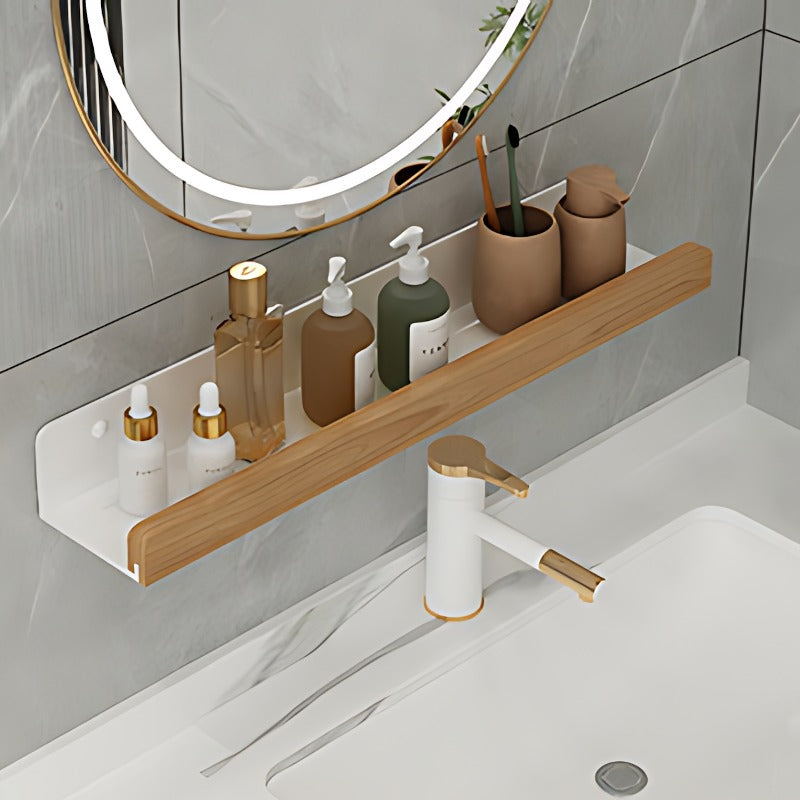 Organizador de Prateleira para Casa de Banho Sem Furos – Sem Necessidade de Furar, Construção Robusta em Madeira Natural, Design que Poupa Espaço, Adequado para Casa de Banho, Cozinha ou Escritório, Ideal para Apartamentos Pequenos e Inquilinos, Estilo Minimalista, Acessório de Casa de Banho