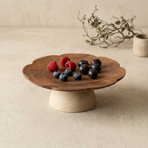 Mini Tigela de Frutas Alta de Caule Longo em Formato de Pétala Estilo Wabi-Sabi Japonês, Madeira de Acácia + Grés, Bandeja de Lanches de Nozes para Chá da Tarde na Mesa de Centro da Sala de Estar, Bandeja Decorativa Vintage, Prato de Armazenamento de Joias. Adequada para Recepção de Salão de Chá