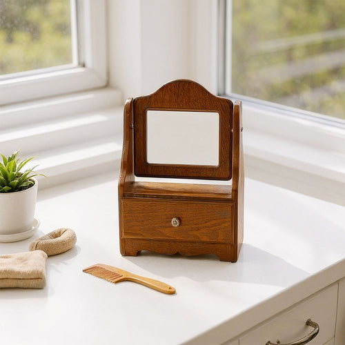 Espelho de Toucador de Madeira com Gavetas, Espelho de Maquiagem Vintage para Quarto, Caixa de Joias Multifuncional com Armazenamento, Caixa de Joias Ajustável para Mesa ou Piso, Ideal para Toucador de Quarto e Decoração de Casa