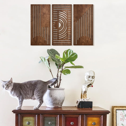 2D Flat - [Aberto] 1 Conjunto de 2 Placas e Ornamentos de Decoração de Parede Retangulares de Madeira Geométrica Nórdica 2D, Ondas Curvas Castanho Escuro com Listras Verticais Geométricas Ocas, Decorações de Parede de Arte de Parede Modernas Minimalistas para Sala de Estar e Quarto